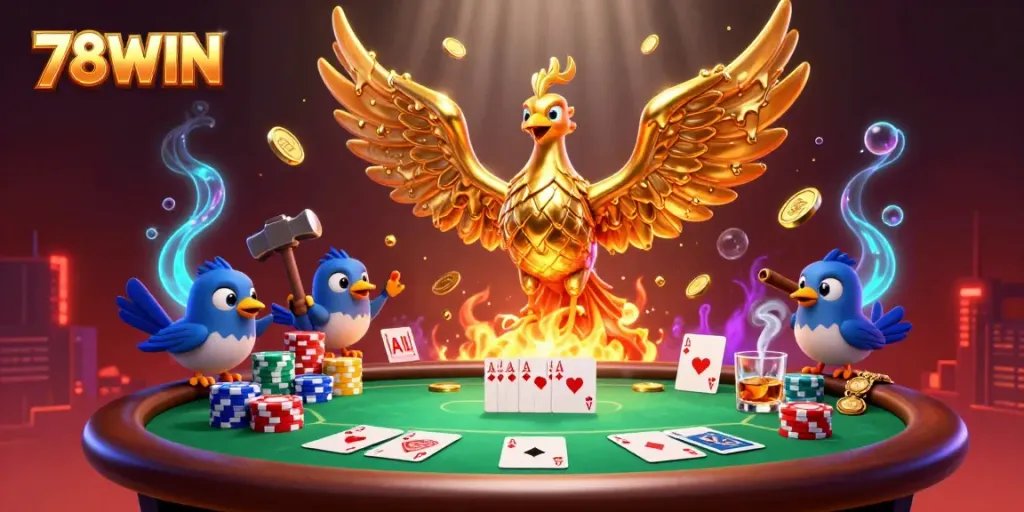 Experience thrilling poker excitement with 78WIN as a golden phoenix symbolizes wealth and fortune, soaring amidst vibrant casino elements.