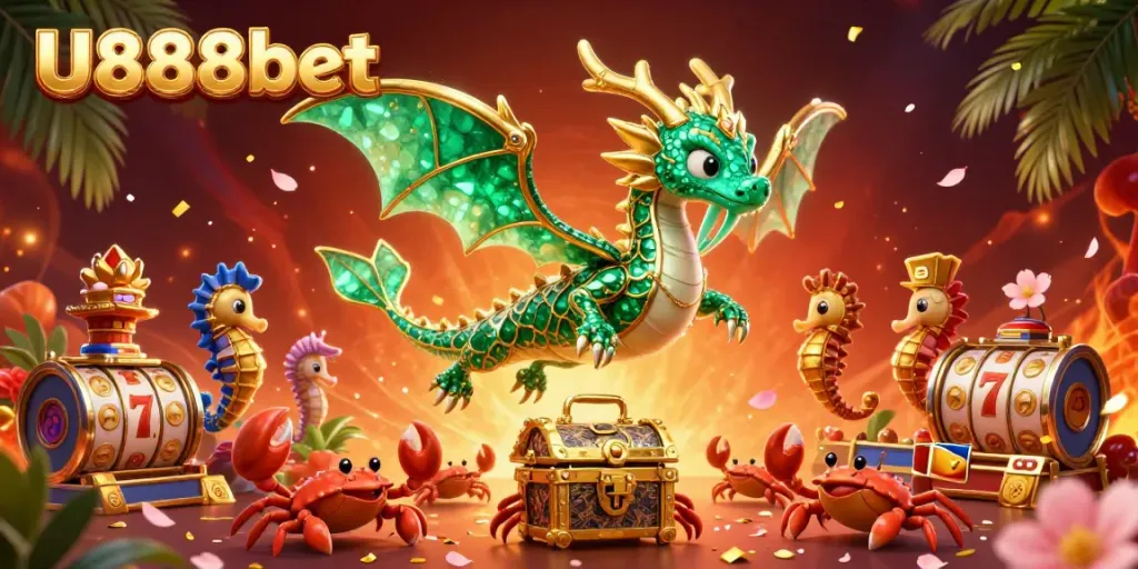 Experience the excitement of U888bet with a vibrant, magical sea dragon and treasure scene!