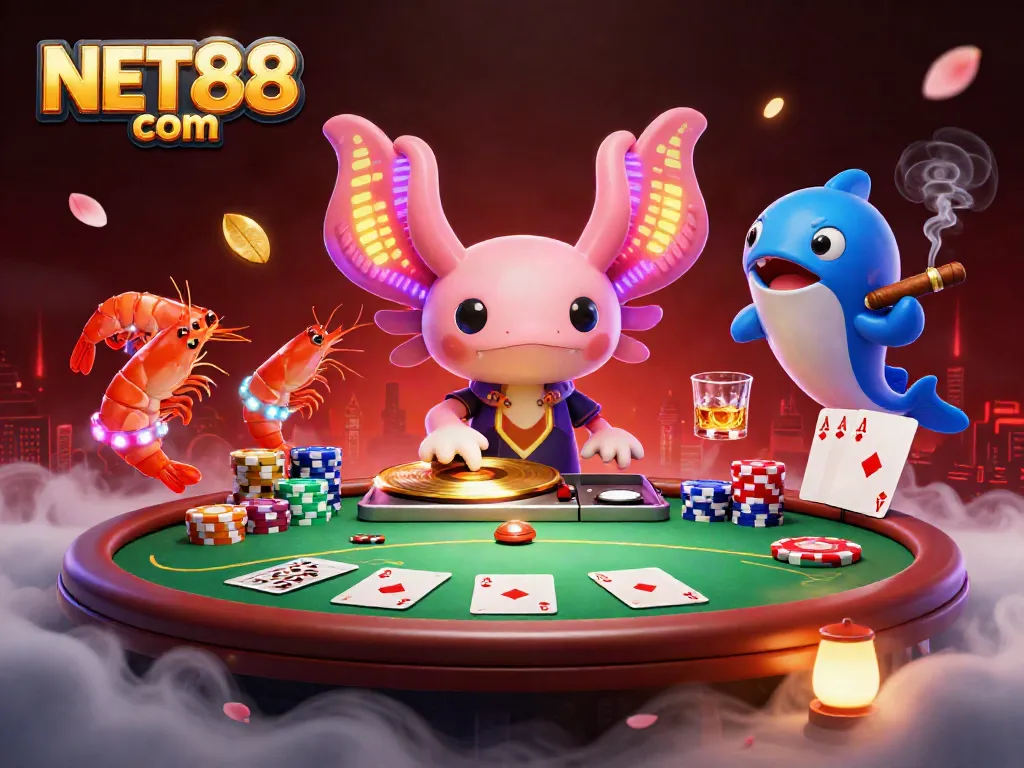 Experience the vibrant energy of NET88 com with a neon-colored axolotl DJ and poker scene.