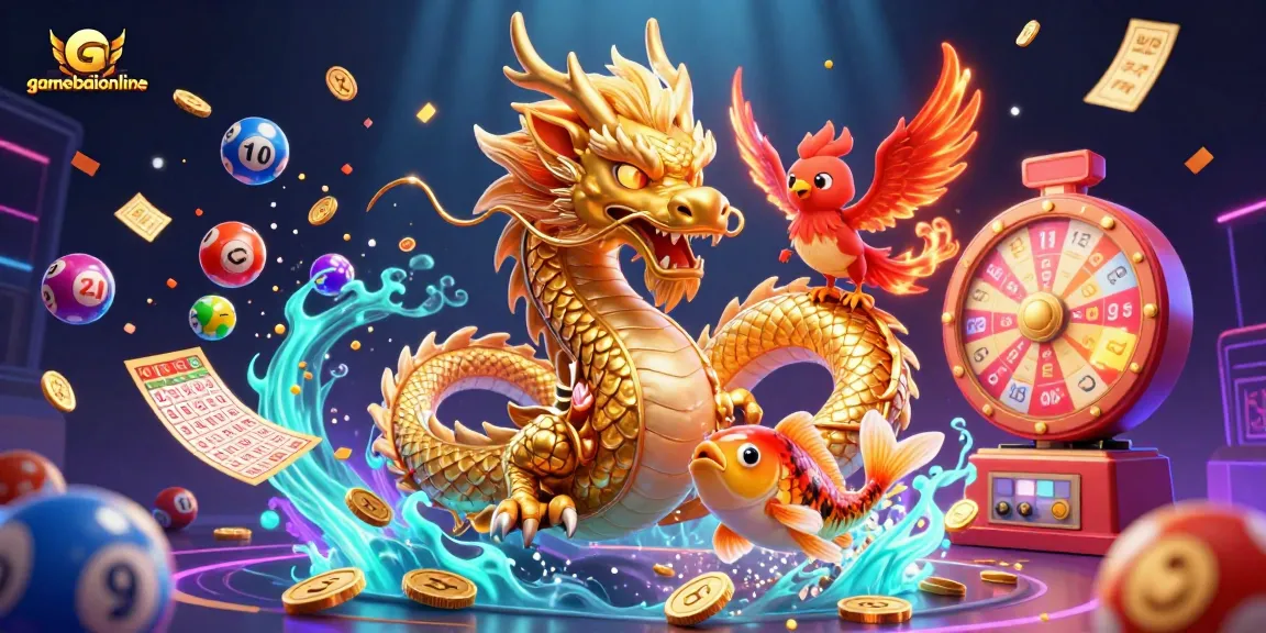 Join the excitement at gamebaiionline with a digital illustration of vibrant lottery action and treasure elements.