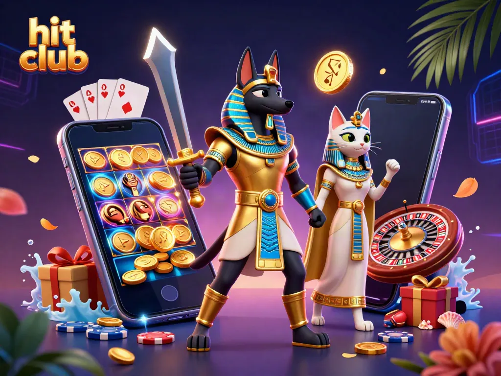 Win big with hit club's vibrant casino experience, showcasing Anubis and Bastet amid slot games.