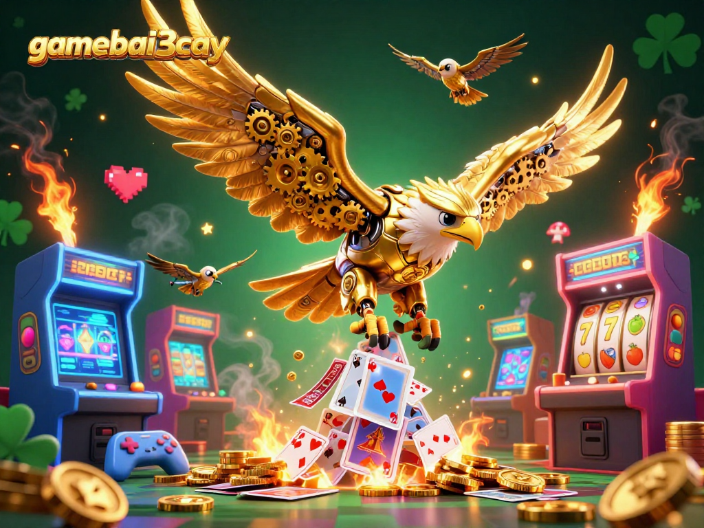 Experience the thrill of gamebai3cay with a cybernetic golden eagle soaring through a casino-inspired environment.