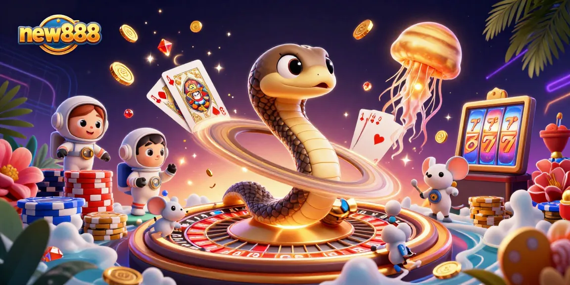 Experience new888 with astronauts betting on a cosmic roulette, dazzling casino elements flying everywhere.