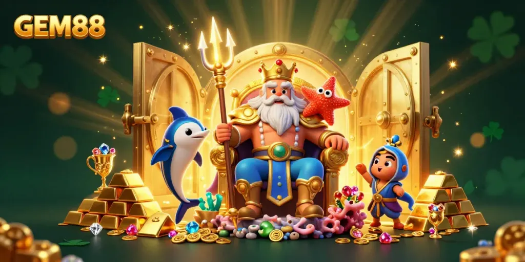 Experience the magical world of GEM88, showcasing a captivating sea king with treasure and gems.