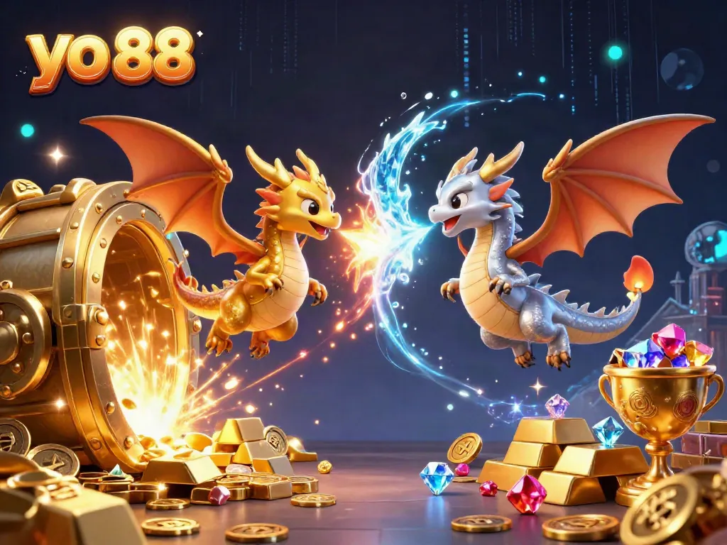 Engagingly depict a thrilling scene with the yo 88 dragons amid spectacular casino treasures, showcasing excitement and winnings.