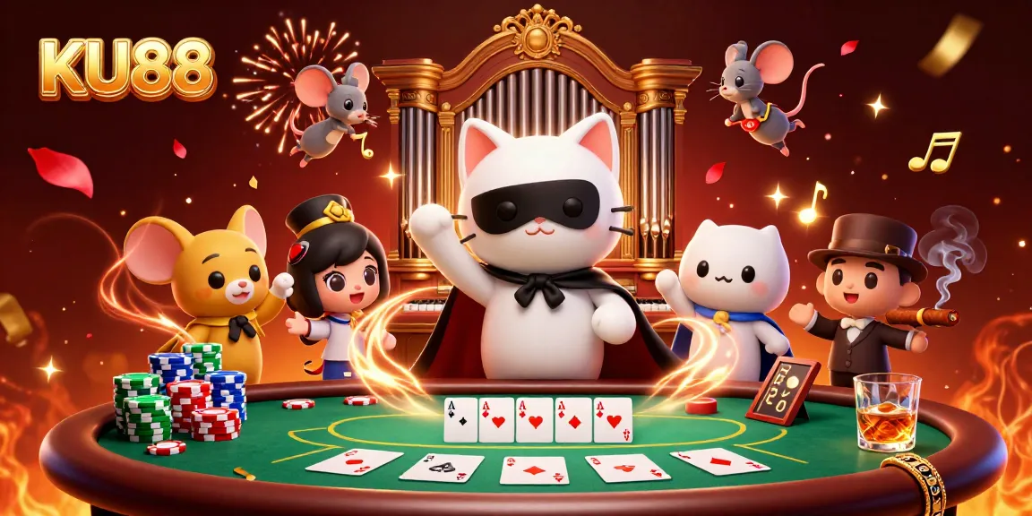 Experience the thrill of KU88 with a vibrant casino scene featuring a masked cat and an acrobatic mouse.
