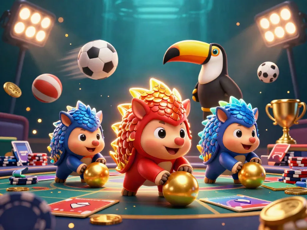 Rival pangolins compete in TN88 casino scene with colorful poker chips and glowing trophy.