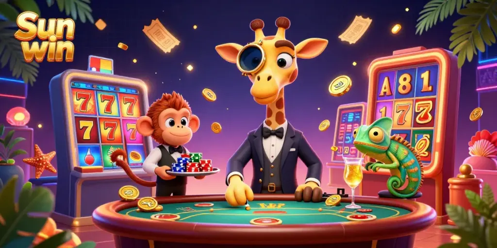 Experience the thrill of Sun win with a high-roller giraffe at a VIP poker table amidst a vibrant casino backdrop.
