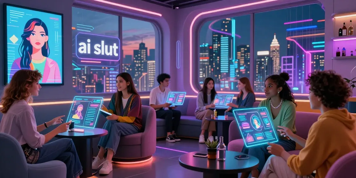 Engaging scene showcasing diverse AI avatars interacting in a futuristic lounge setting, representing the concept of ai slut.