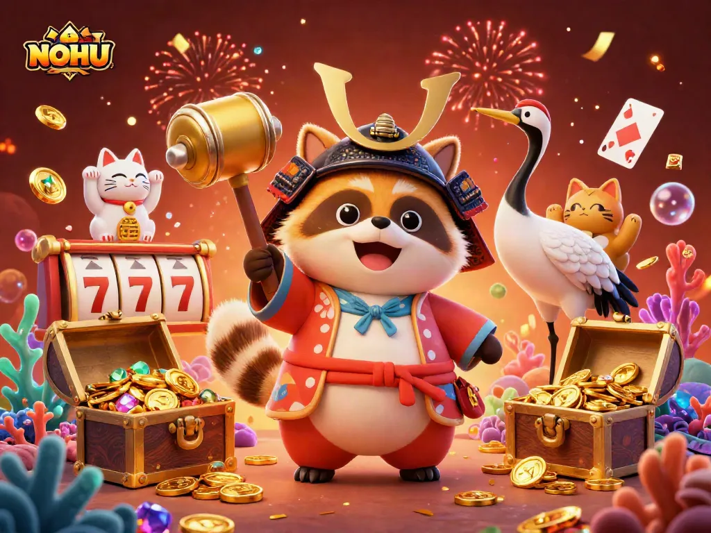 Engage with NOHU's vibrant gaming world filled with cheerful characters, slot reels, and treasure.
