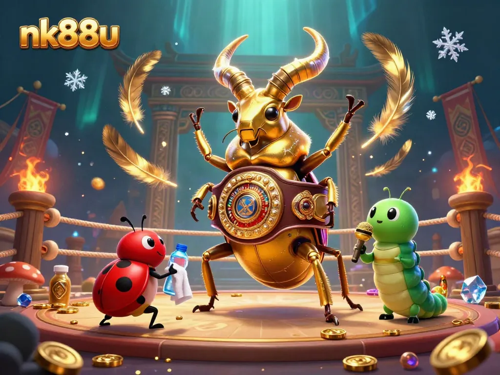 Engage in thrilling battles at nk88u with a giant golden stag beetle in a boxing match amidst dramatic casino decor.