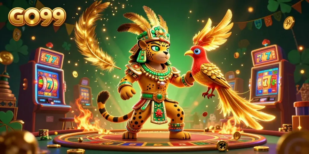 Bet big with GO99 in this thrilling 3D casino scene featuring a jaguar priest and quetzal bird.