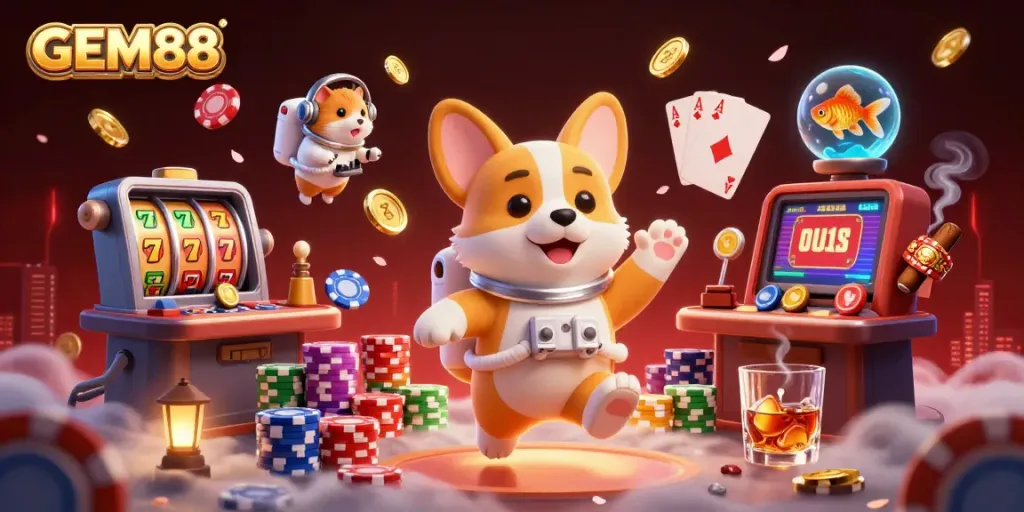 Engaging representation of GEM88's vibrant online casino environment with playful characters and thrilling game elements.
