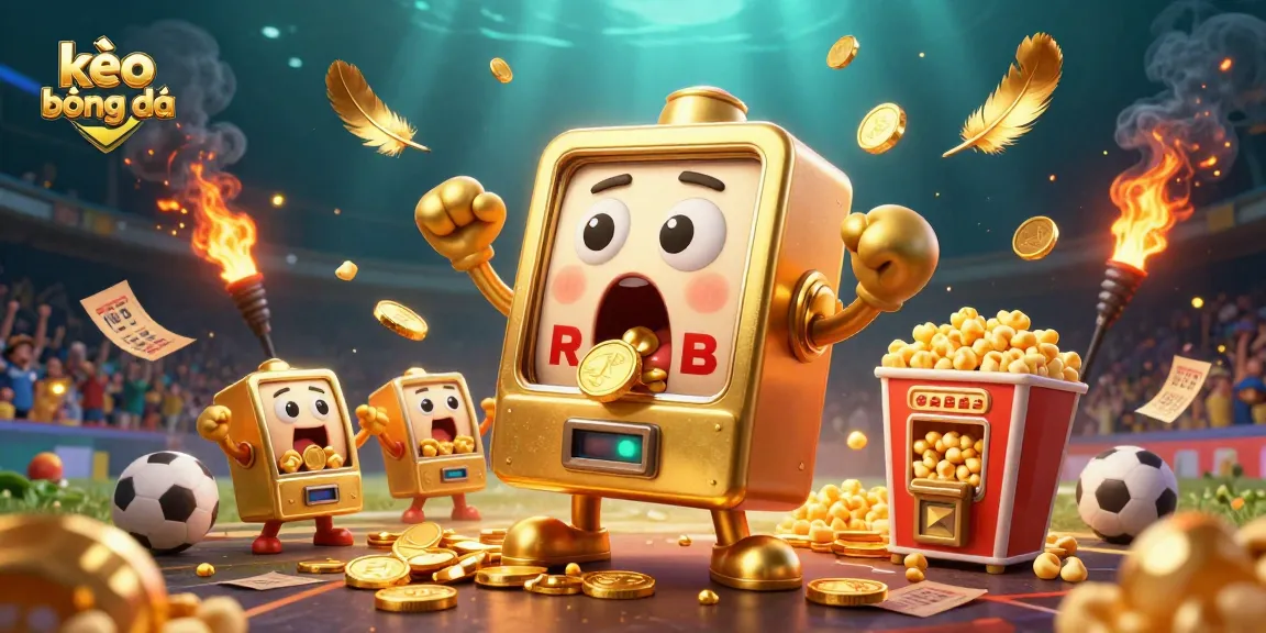Engage with the exhilarating kèo bóng đá action as a golden slot machine wins, surrounded by dynamic sports betting elements.