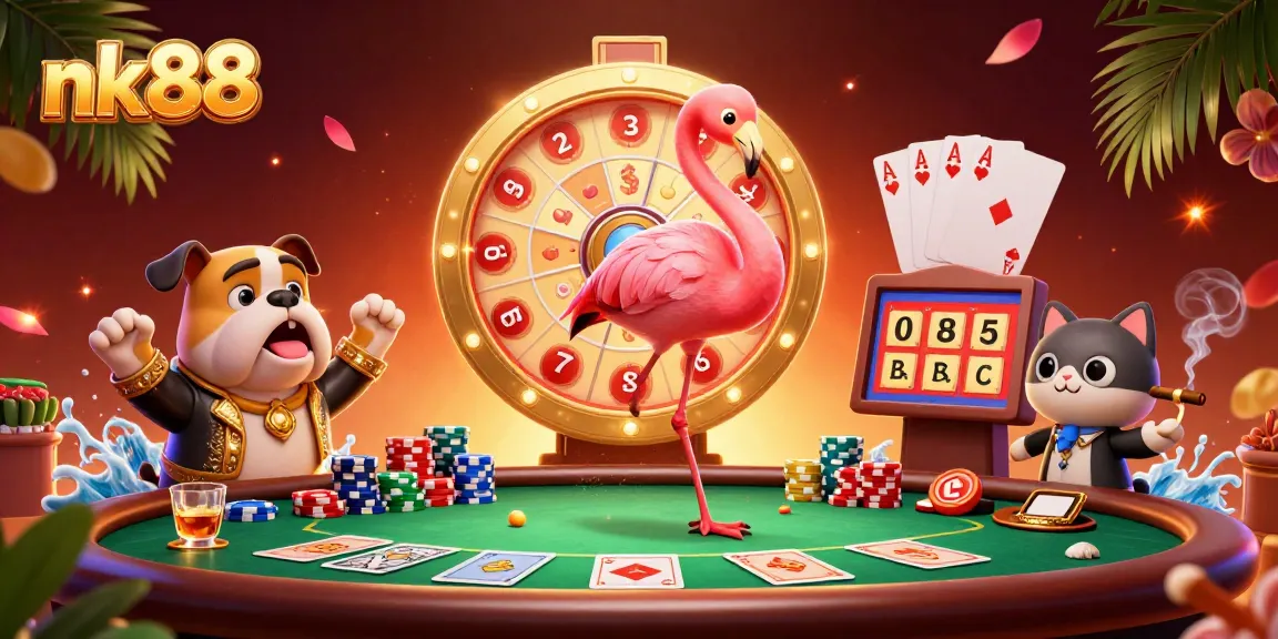 Spin to win with nk88 at a vibrant casino scene featuring exciting characters and game elements.