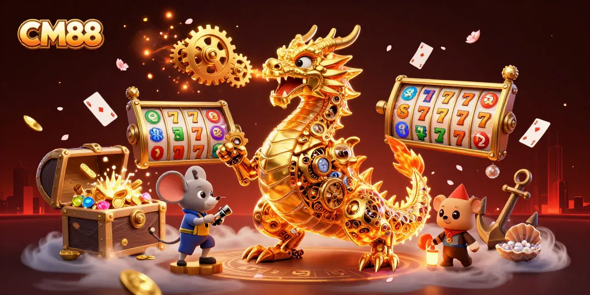 Experience exciting wins with CM88's golden dragon and vibrant slot elements in a thrilling gaming scene.