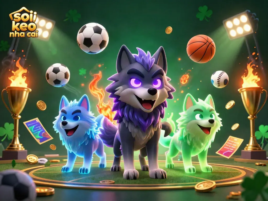Soi keo nha cai with glowing wolf leader and sports elements in a dynamic betting scene.
