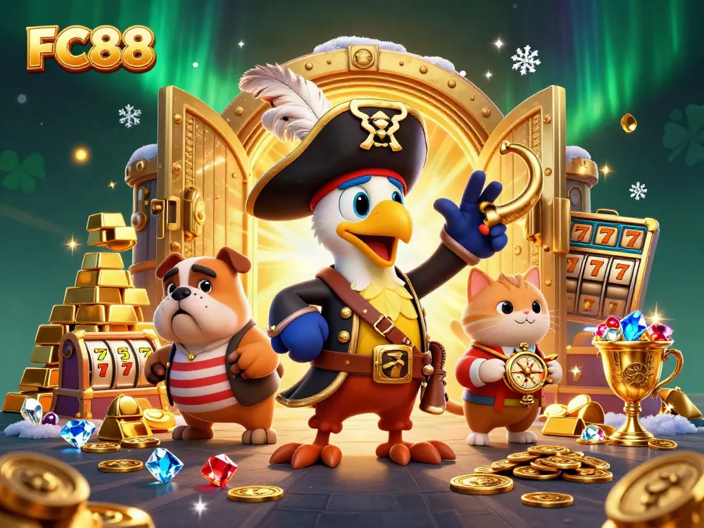 FC88 pirate-themed casino illustration showcasing vibrant casino games and treasure.