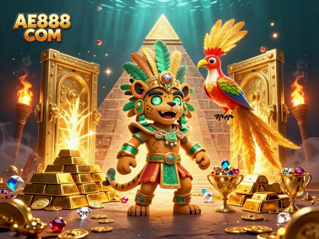 Engage with AE888 COM showcasing thrilling online gambling adventures with vibrant characters and treasures.