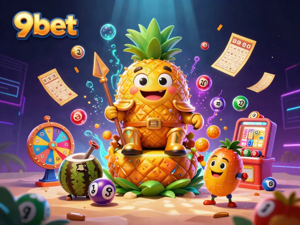 Engage with the vibrant beach casino scene featuring 9bet's tropical characters amidst lottery excitement.