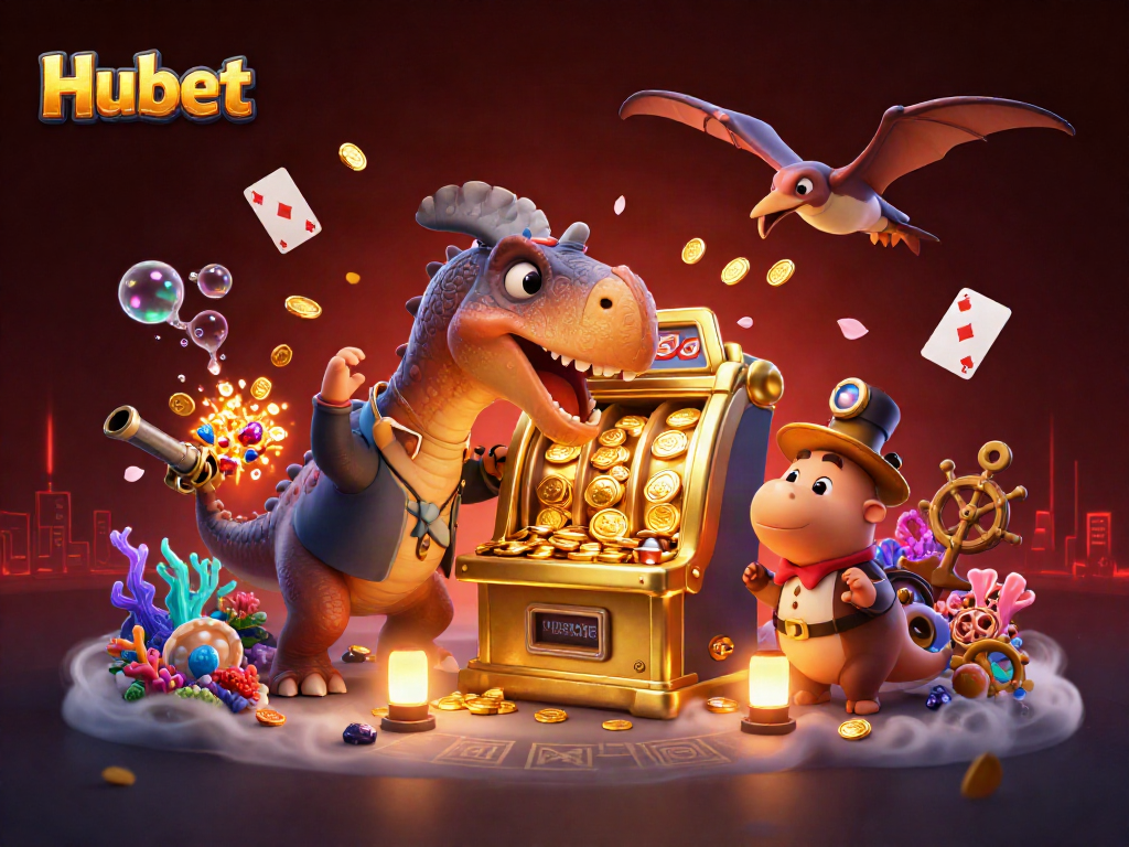 Unravel Hubet's casino thrills as a pachycephalosaurus wins jackpot coins amidst a vibrant, action-packed scene.