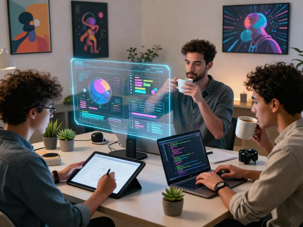 Creative NSFW AI content workspace showcasing diverse team collaboration and tech.