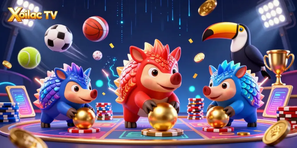 Engage with Xoilac TV's thrilling sports betting scene featuring dynamic pangolin characters.