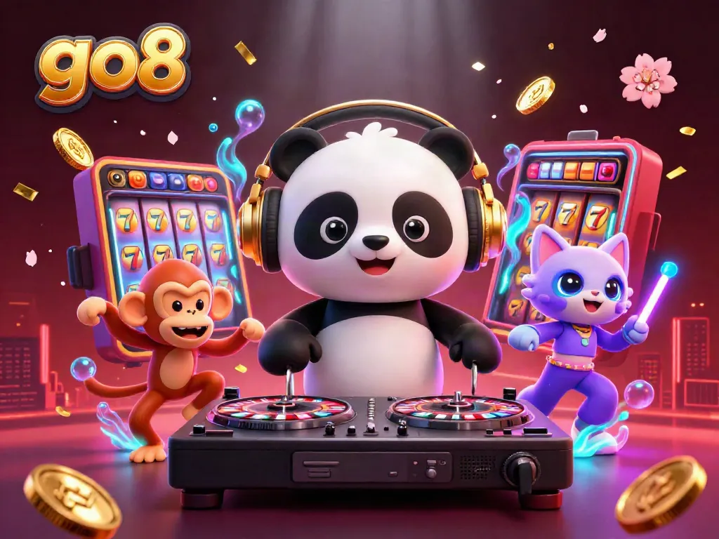 Experience vibrant gaming with go8's lively casino scene featuring a DJ panda and playful characters.