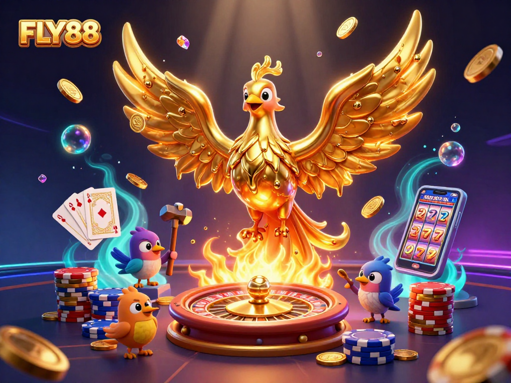 Win big with FLY88's vibrant 3D casino scene featuring a golden phoenix and dynamic gaming elements.