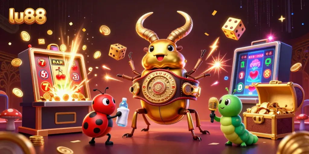 Experience the excitement of lu88 with a dynamic scene of a golden stag beetle and gaming elements bursting with energy.