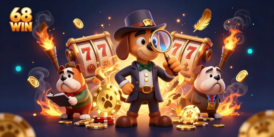 A detective bloodhound examining a poker chip at 68 WIN casino game, with treasures scattered around.