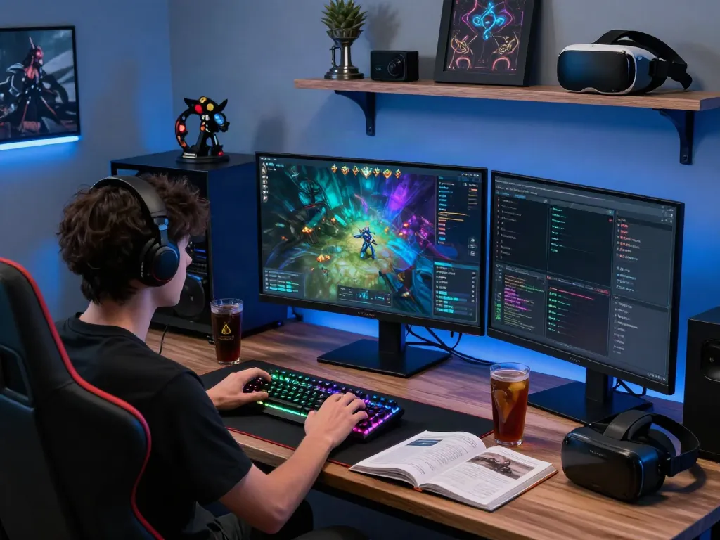 Engaged gamer at workspace with colorful monitors and gaming gear, highlighting the community around hexbloom.net.