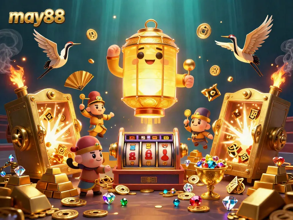 Experience the vibrant world of may88 with a giant golden lantern spirit and dynamic casino elements, showcasing thrilling gambling action.