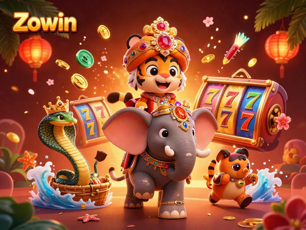 Zowin casino promotional illustration featuring a maharaja tiger and jewel elephant with gaming elements