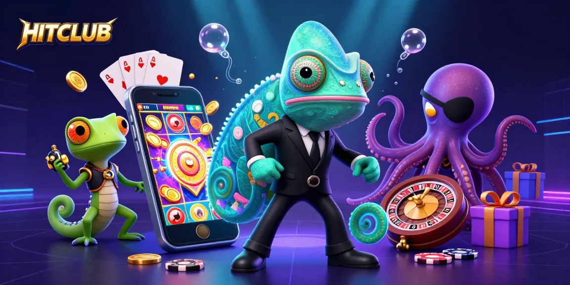 Experience HITCLUB's thrilling casino world with colorful slot games, vibrant characters, and exciting gameplay elements.