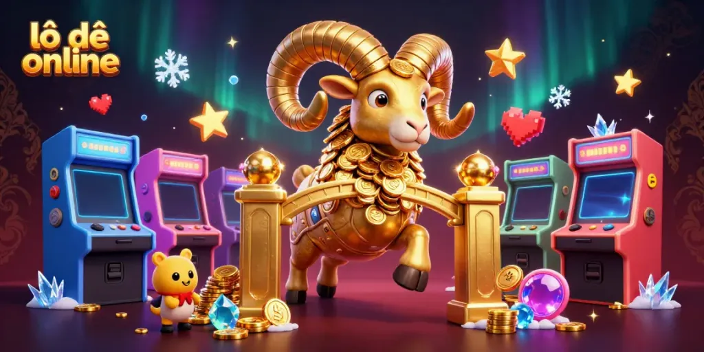 Experience lô đề online with a dazzling scene featuring a golden ram and casino elements.