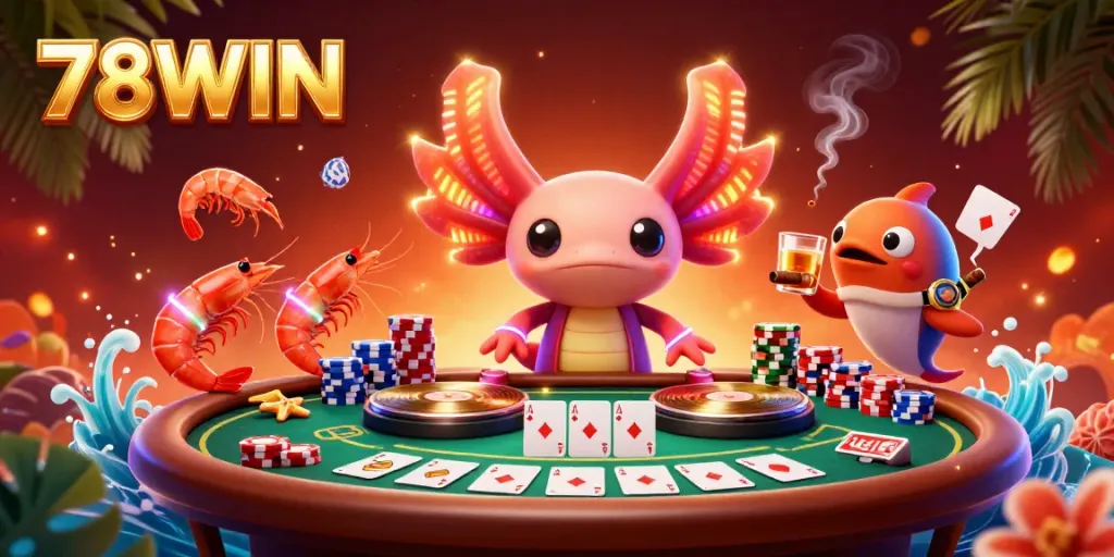 Engage with 78WIN's vibrant casino scene featuring a DJ axolotl and dynamic poker action.