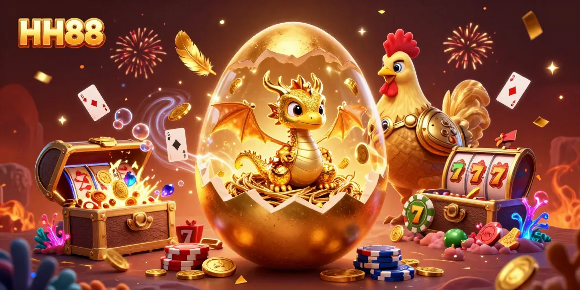 Experience the excitement of HH88 gaming with a golden dragon and shimmering poker chips amidst vivid casino elements.