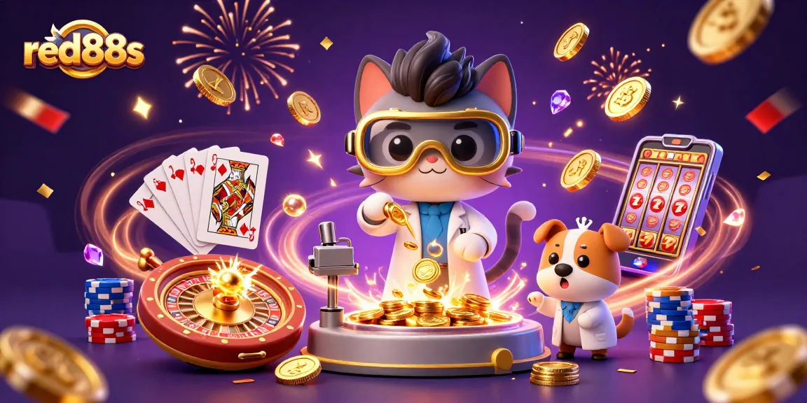Engaging scene of red88s with a mad scientist cat and assistant dog in a vibrant casino setting.