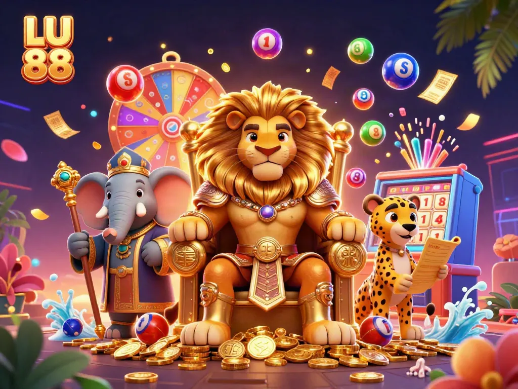 Experience the thrill of LU 88 with a dynamic 3D illustration featuring a majestic lion king in a gaming paradise.