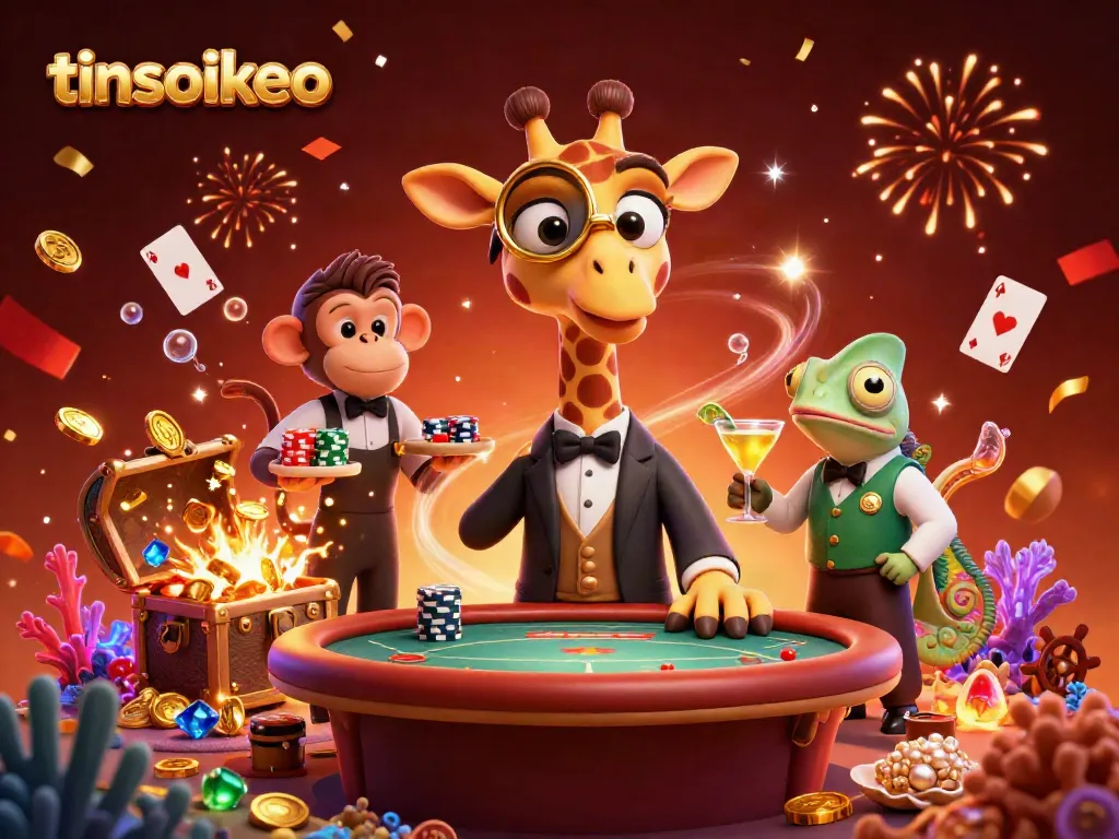 Experience thrilling gameplay with tinsoikeo as a high-roller giraffe and friends engage at a colorful casino scene.
