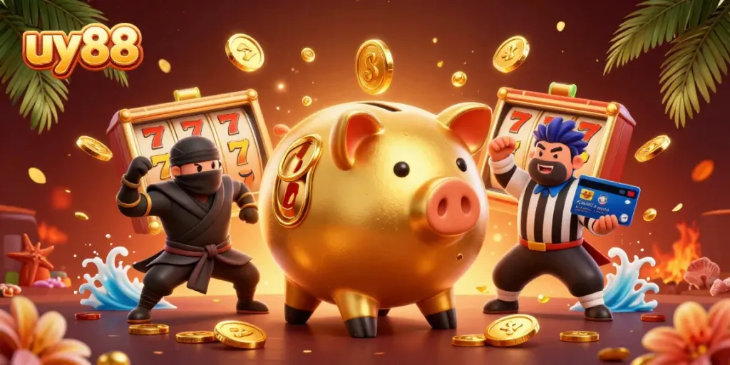 Engage with uy88's dynamic online gaming scene featuring a golden piggy bank in action amidst slot reels and coins.