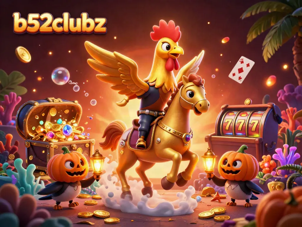 Experience the thrill with b52clubz as a golden rooster and spectral horse illuminate a lively casino scene.