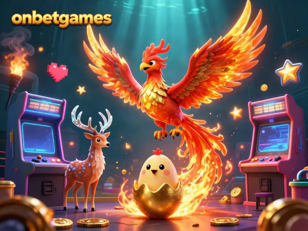 Experience the vibrant energy of the onbetgames casino world through a stunning 3D illustration featuring a phoenix and arcade elements.