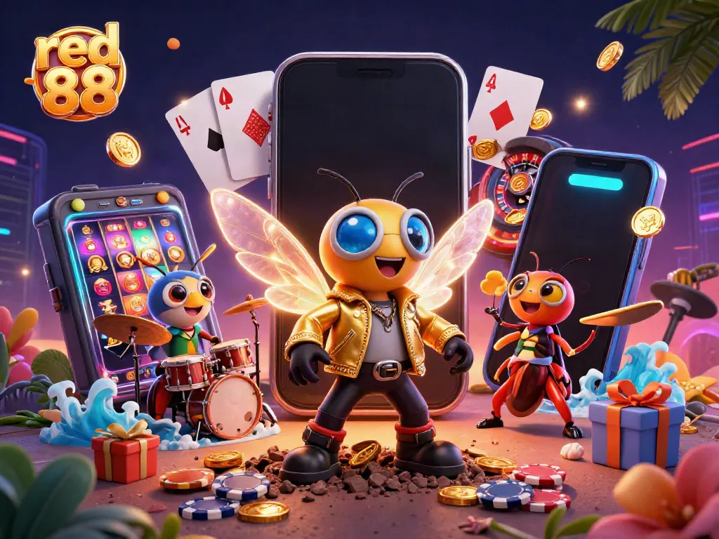 Experience the thrill of red 88 with a vibrant 3D casino scene featuring electric characters and slot games.