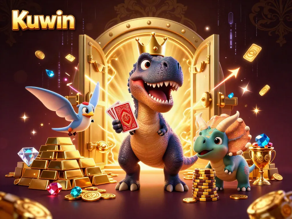 Kuwin casino scene featuring a friendly T-Rex with cards, chips, and treasure elements.