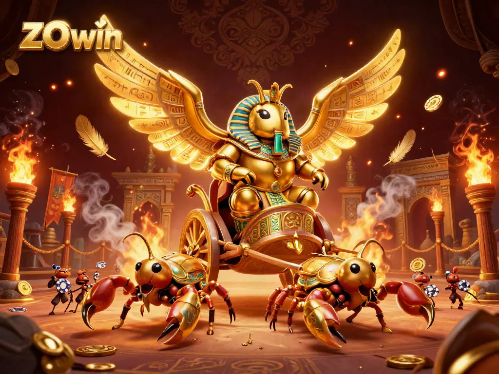 Experience the thrill of zo win with a colossal golden scarab beetle and scorpions amidst a lavish casino backdrop.