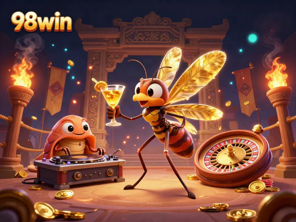 Experience the excitement of 98win with a lively 3D casino scene featuring unique characters and vibrant action.