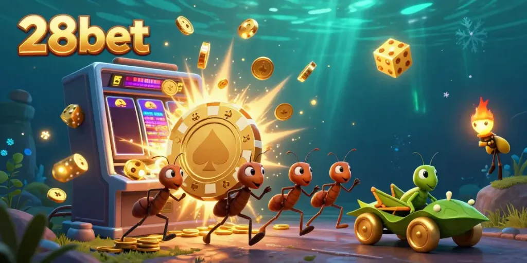 Experience thrilling heist action in the 28bet casino world with giant poker chips and golden rewards.