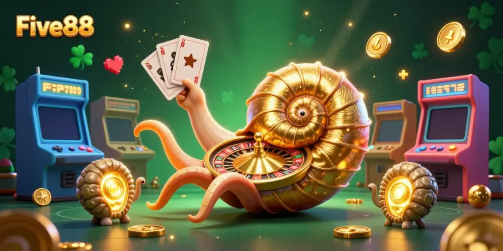 Experience the excitement of Five88 with a vibrant 3D scene filled with captivating casino elements.